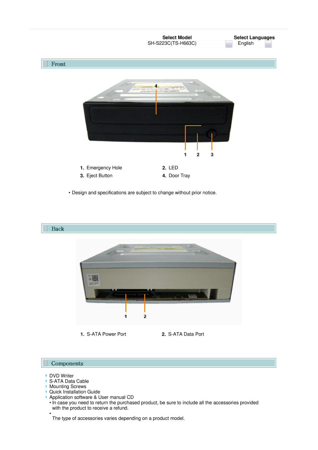 Samsung TS-H663C, SH-S223C user manual Emergency Hole, Eject Button Door Tray 