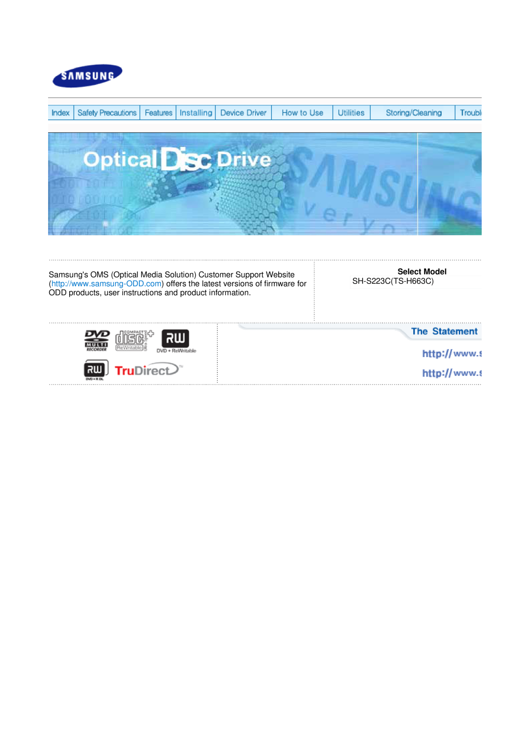 Samsung user manual Samsungs OMS Optical Media Solution Customer Support Website, Select Model, SH-S223CTS-H663C 