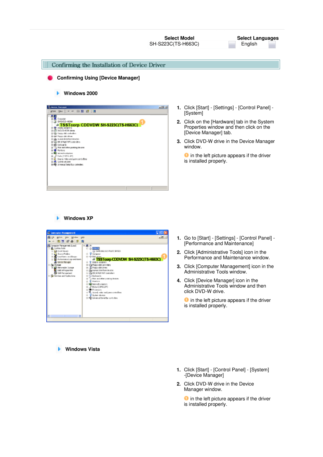 Samsung SH-S223C Select Model, Confirming Using Device Manager Windows, Select Languages, Windows XP, Windows Vista 