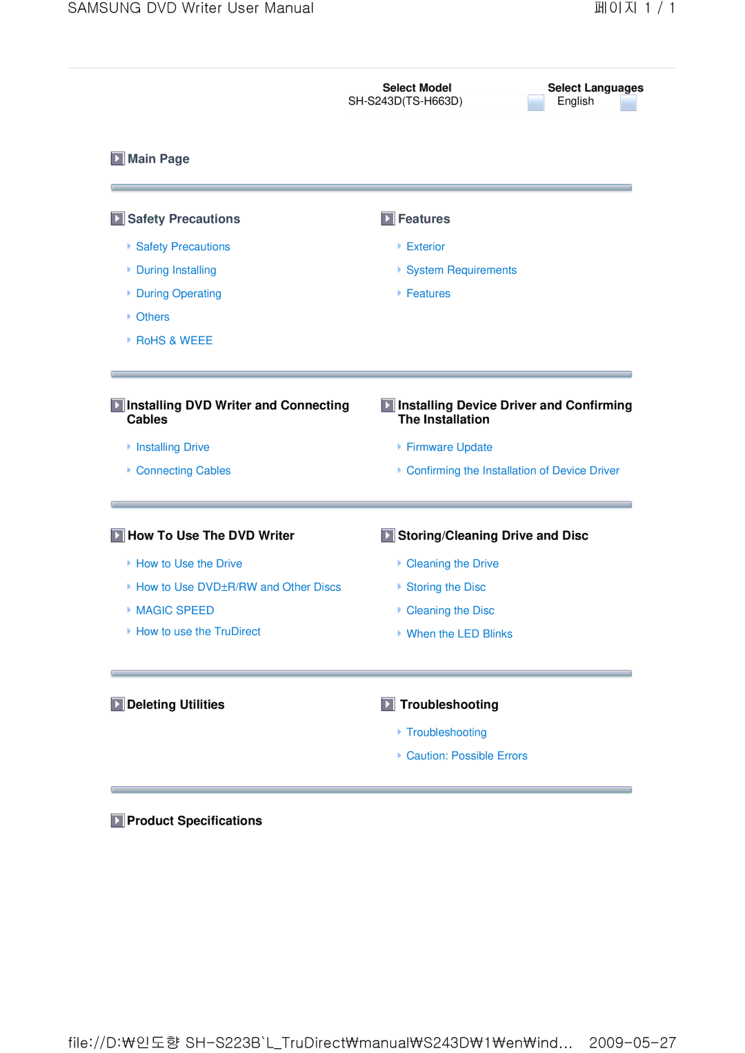 Samsung TS-H663D, SH-S243D user manual Safety Precautions Features, Select Languages 