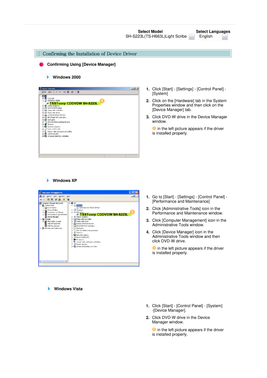 Samsung SH-S223L, TS-H663L user manual Confirming Using Device Manager Windows, Windows XP, Windows Vista 