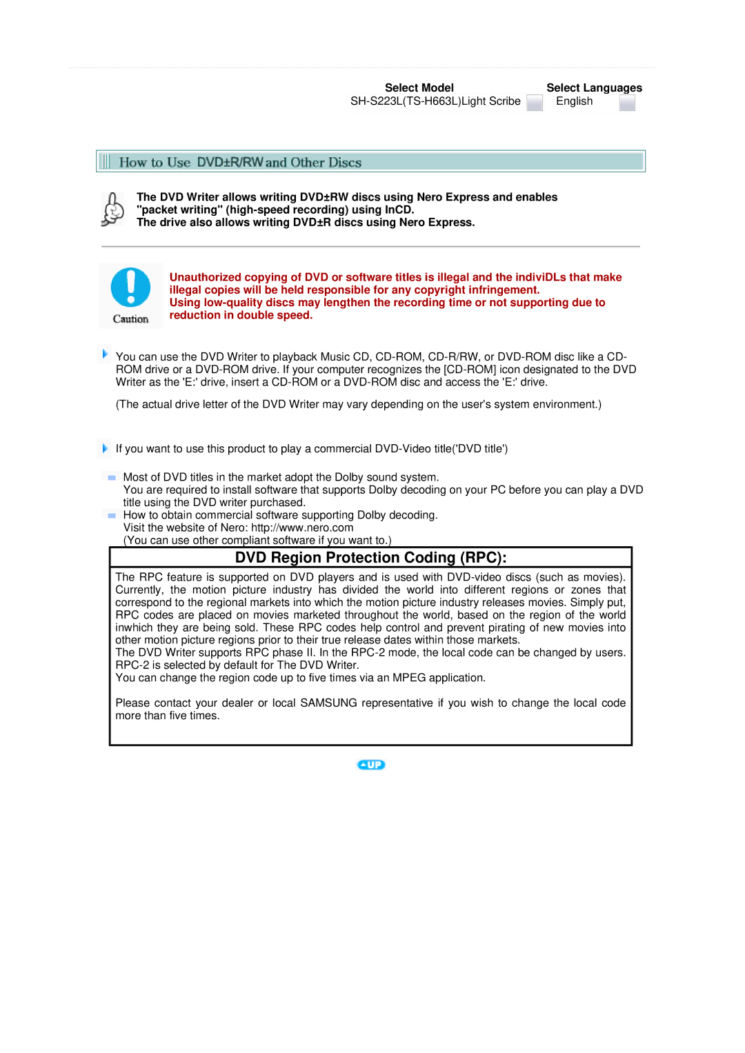 Samsung TS-H663L, SH-S223L user manual DVD Region Protection Coding RPC 