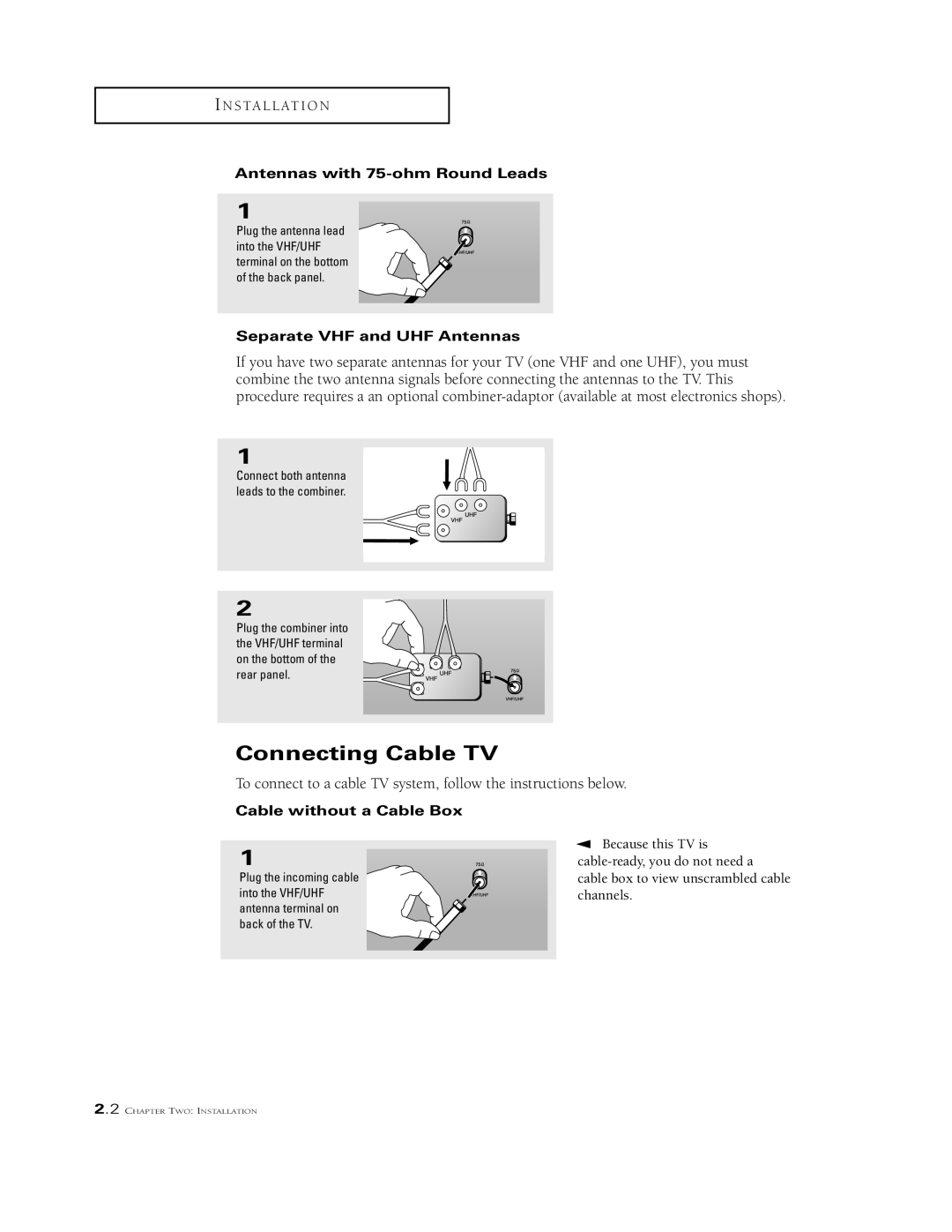 Samsung TSL 3095WHF, TSK3290F manual Connecting Cable TV, Antennas with 75-ohm Round Leads, Separate VHF and UHF Antennas 