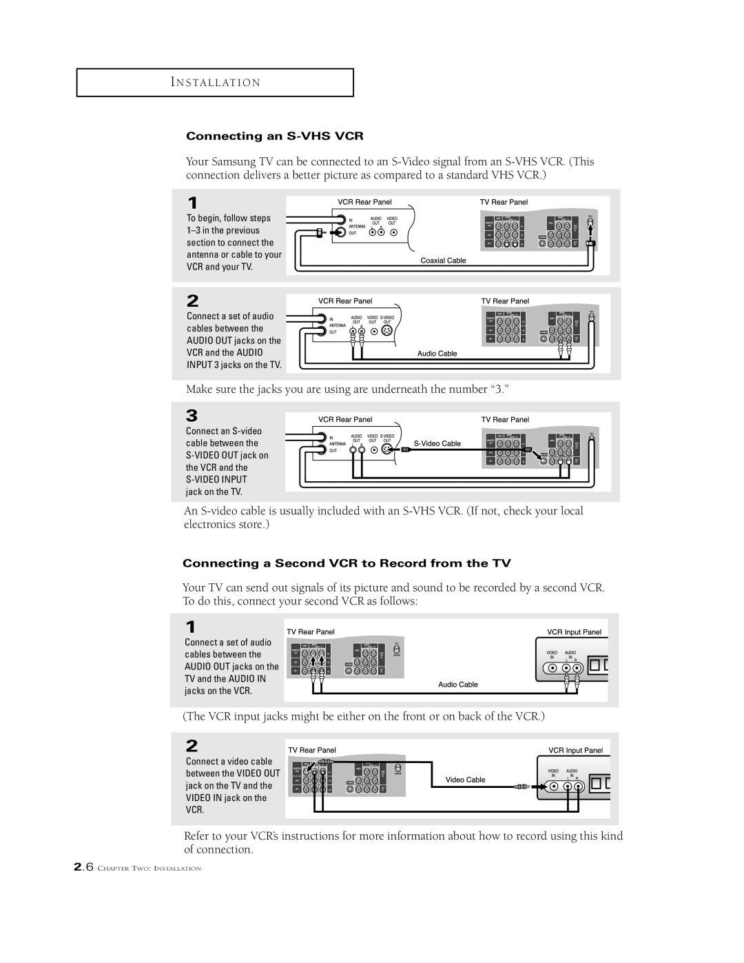 Samsung TSK3290F, TSK2790F, TSL3294HF, TSK2792F manual Connecting an S-VHS VCR, Connecting a Second VCR to Record from the TV 