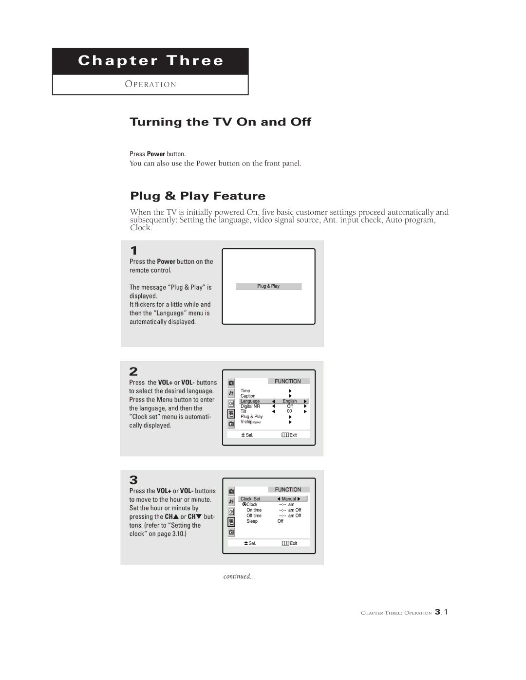 Samsung TSL 3095WHF, TSK3290F, TSK2790F, TSL3294HF manual Turning the TV On and Off, Plug & Play Feature, Press Power button 