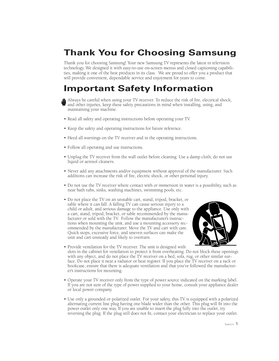 Samsung TSK2792F, TSK3290F, TSK2790F, TSL3294HF, TSL 2795HF, TSL 3095WHF, TSL 3295HF, TSK 3292F Thank You for Choosing Samsung 