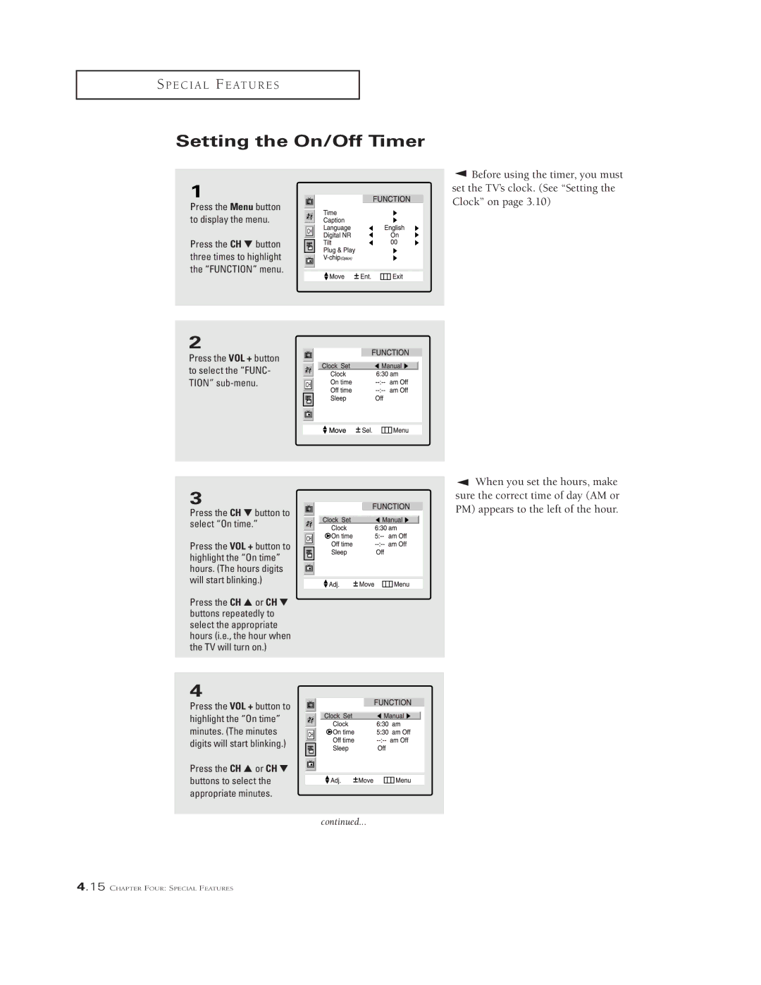 Samsung TSK3290F, TSK2790F, TSL3294HF, TSK2792F, TSL 2795HF Setting the On/Off Timer, Press the CH button to select On time 