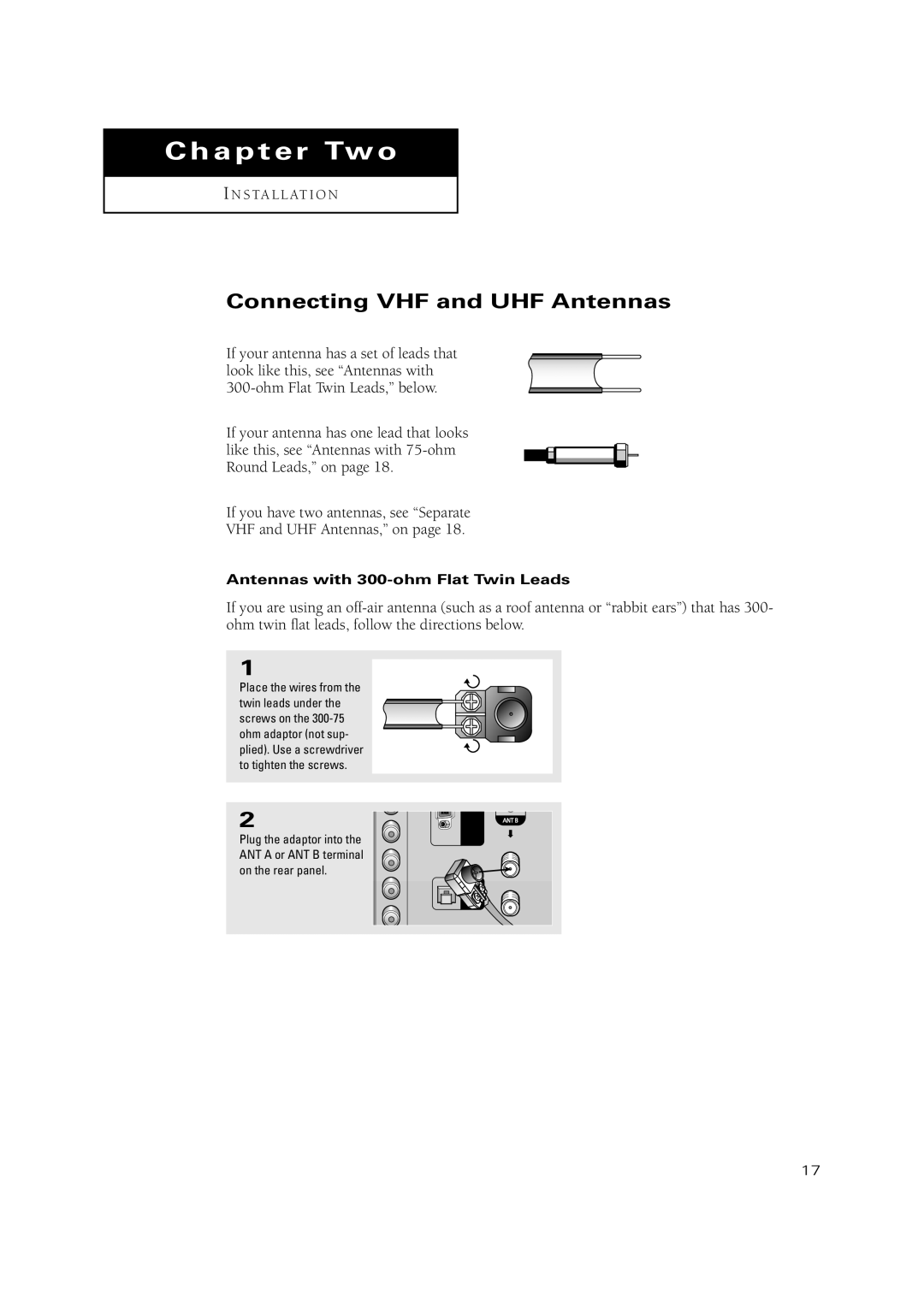 Samsung TSN3084WHD manual Connecting VHF and UHF Antennas, Antennas with 300-ohm Flat Twin Leads 