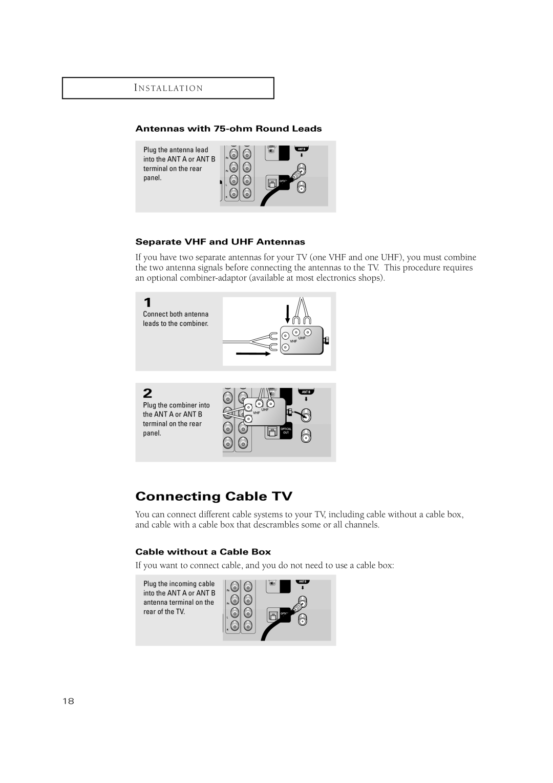 Samsung TSN3084WHD manual Connecting Cable TV, Antennas with 75-ohm Round Leads, Separate VHF and UHF Antennas 