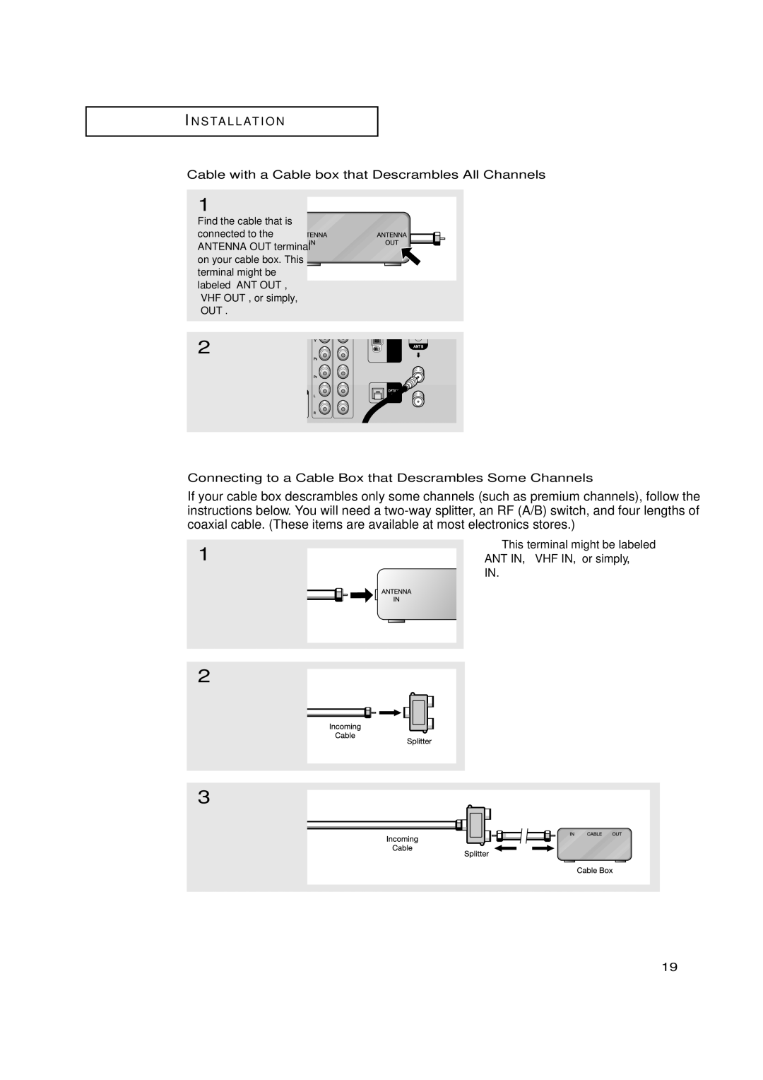 Samsung TSN3084WHD manual Cable with a Cable box that Descrambles All Channels, Connect this cable to a two-way splitter 