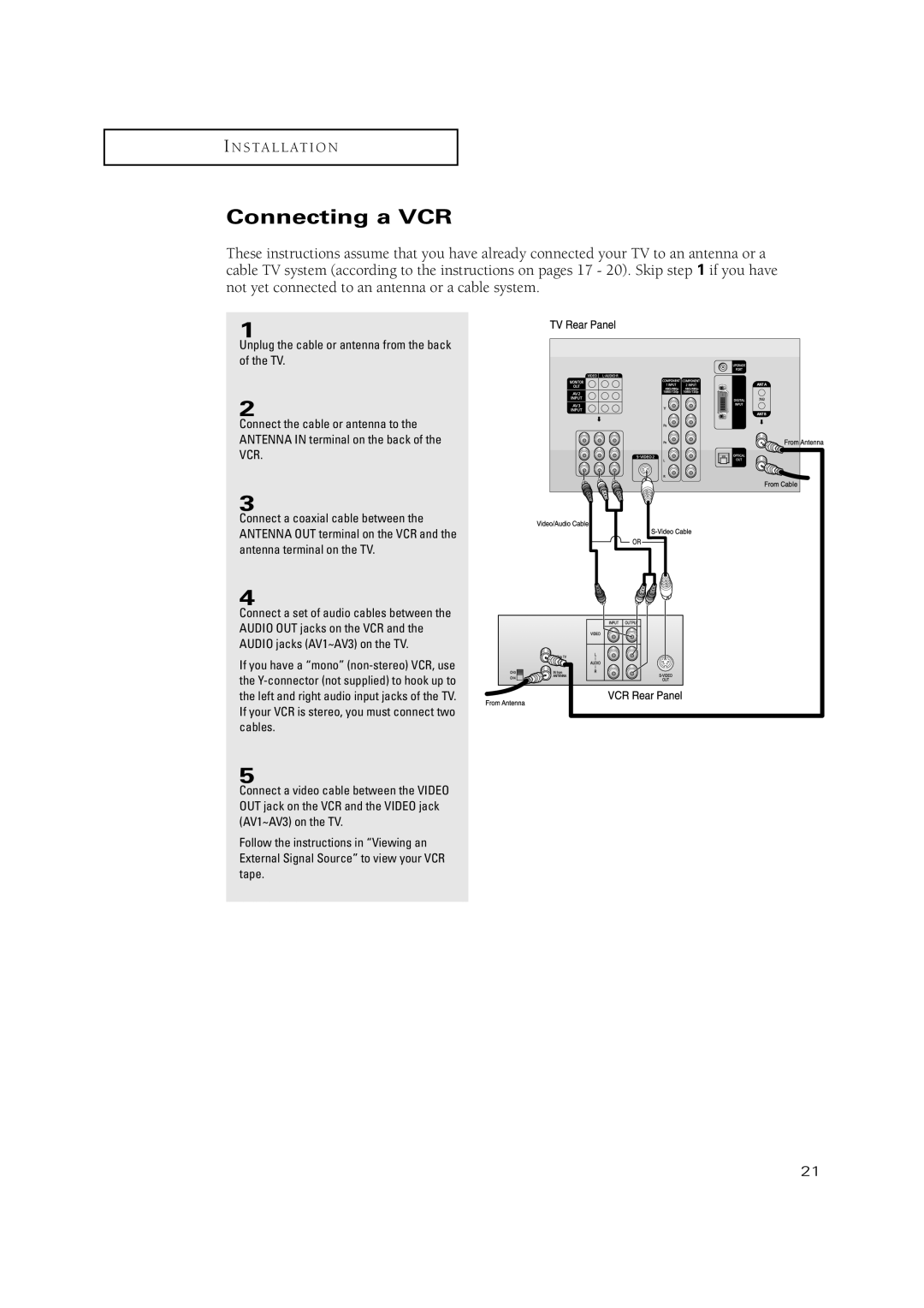 Samsung TSN3084WHD manual Connecting a VCR, Vcr 