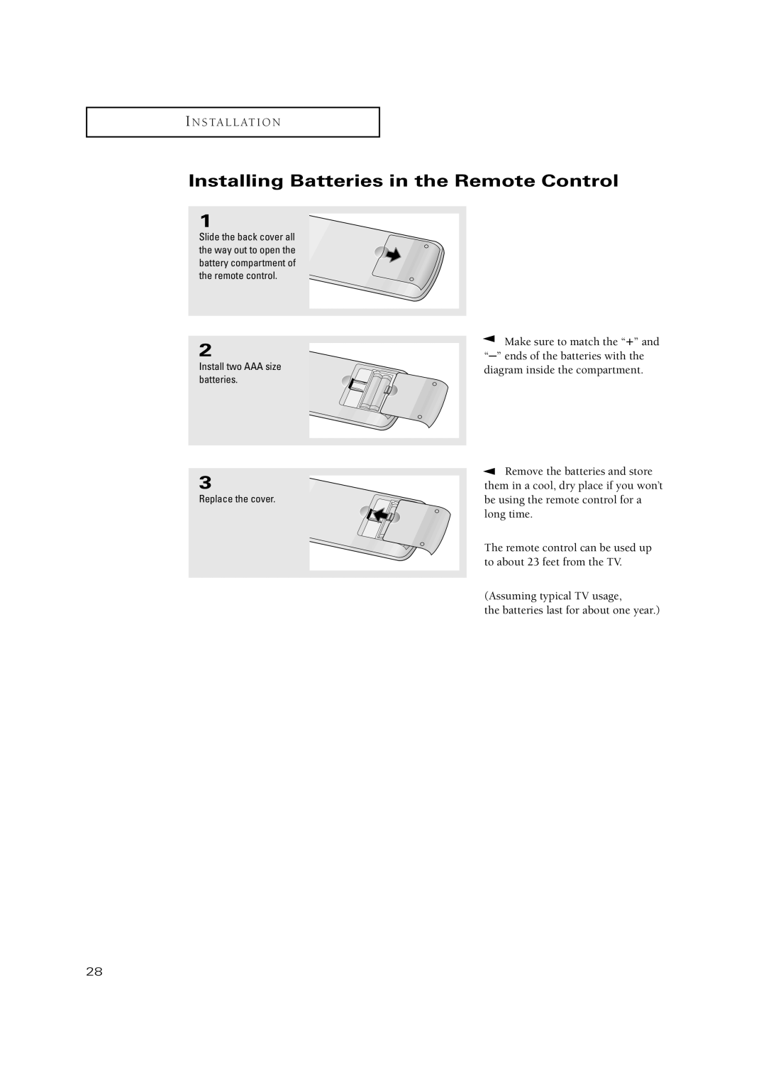 Samsung TSN3084WHD manual Installing Batteries in the Remote Control, Install two AAA size batteries Replace the cover 