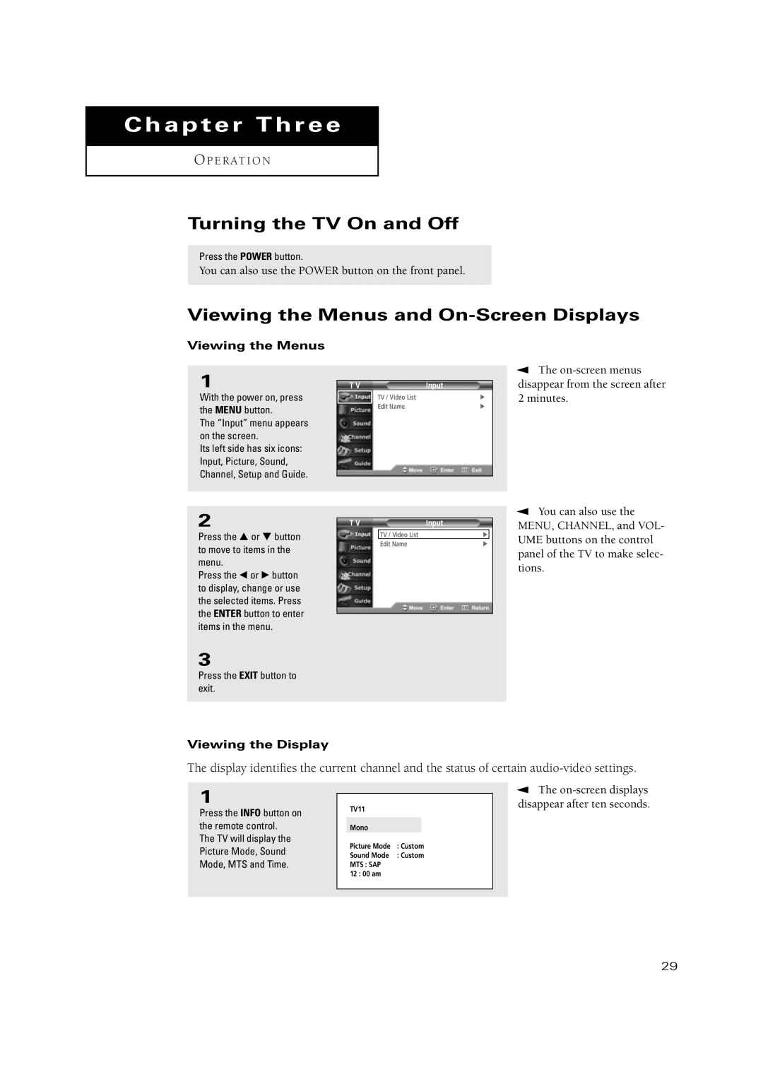 Samsung TSN3084WHD manual Turning the TV On and Off, Viewing the Menus and On-Screen Displays, Viewing the Display 