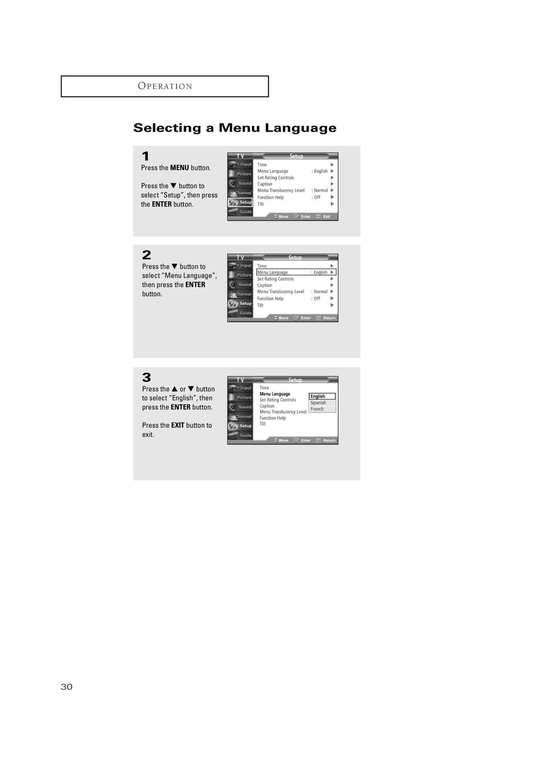 Samsung TSN3084WHD manual Selecting a Menu Language, Press the Menu button 