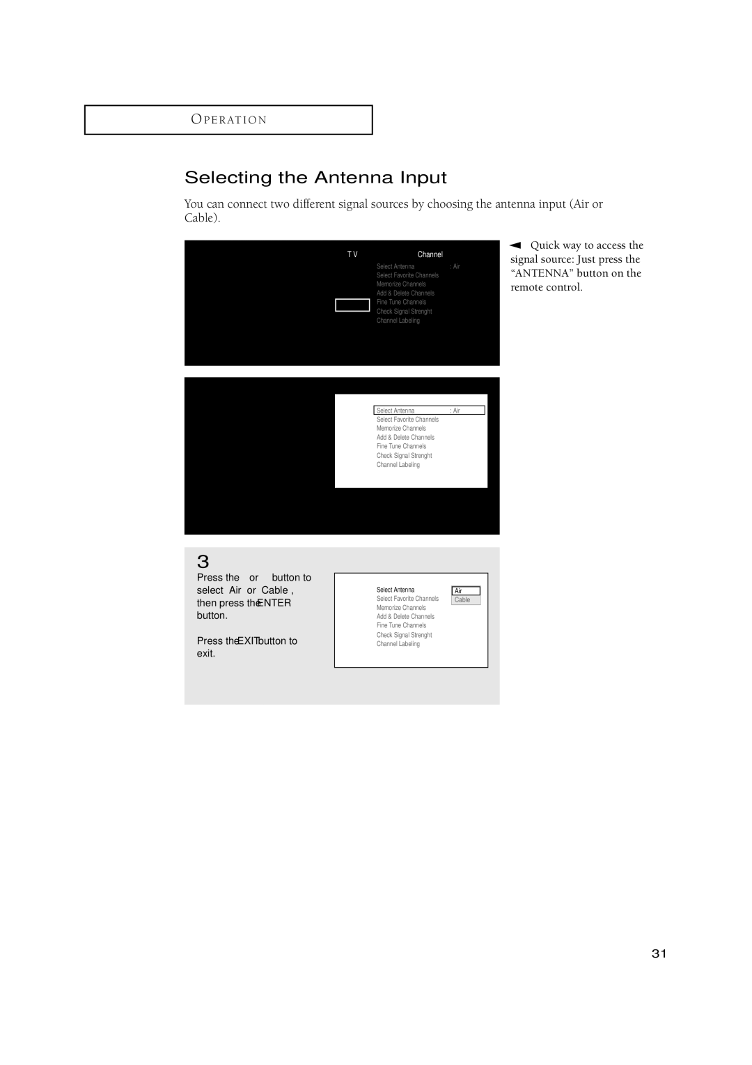 Samsung TSN3084WHD manual Selecting the Antenna Input, Channel 