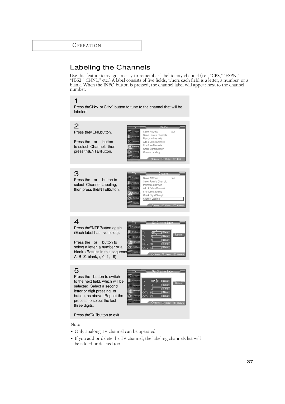 Samsung TSN3084WHD manual Labeling the Channels, …Z, blank, /, 0, 1, … 