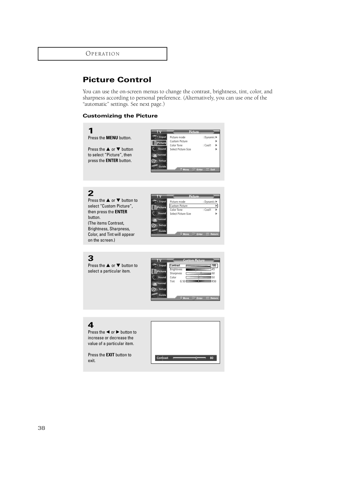 Samsung TSN3084WHD manual Picture Control, Customizing the Picture 