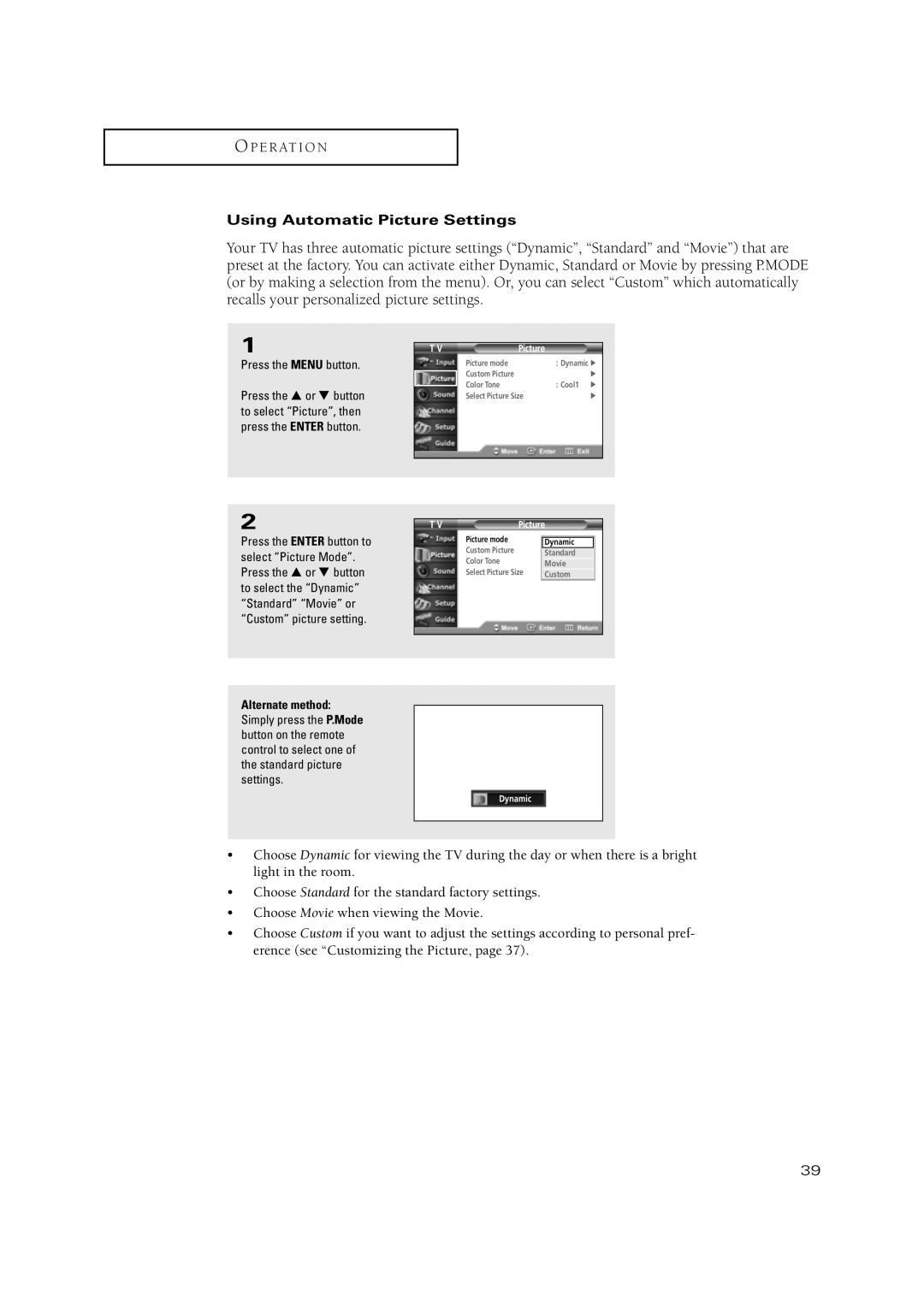 Samsung TSN3084WHD manual Using Automatic Picture Settings 