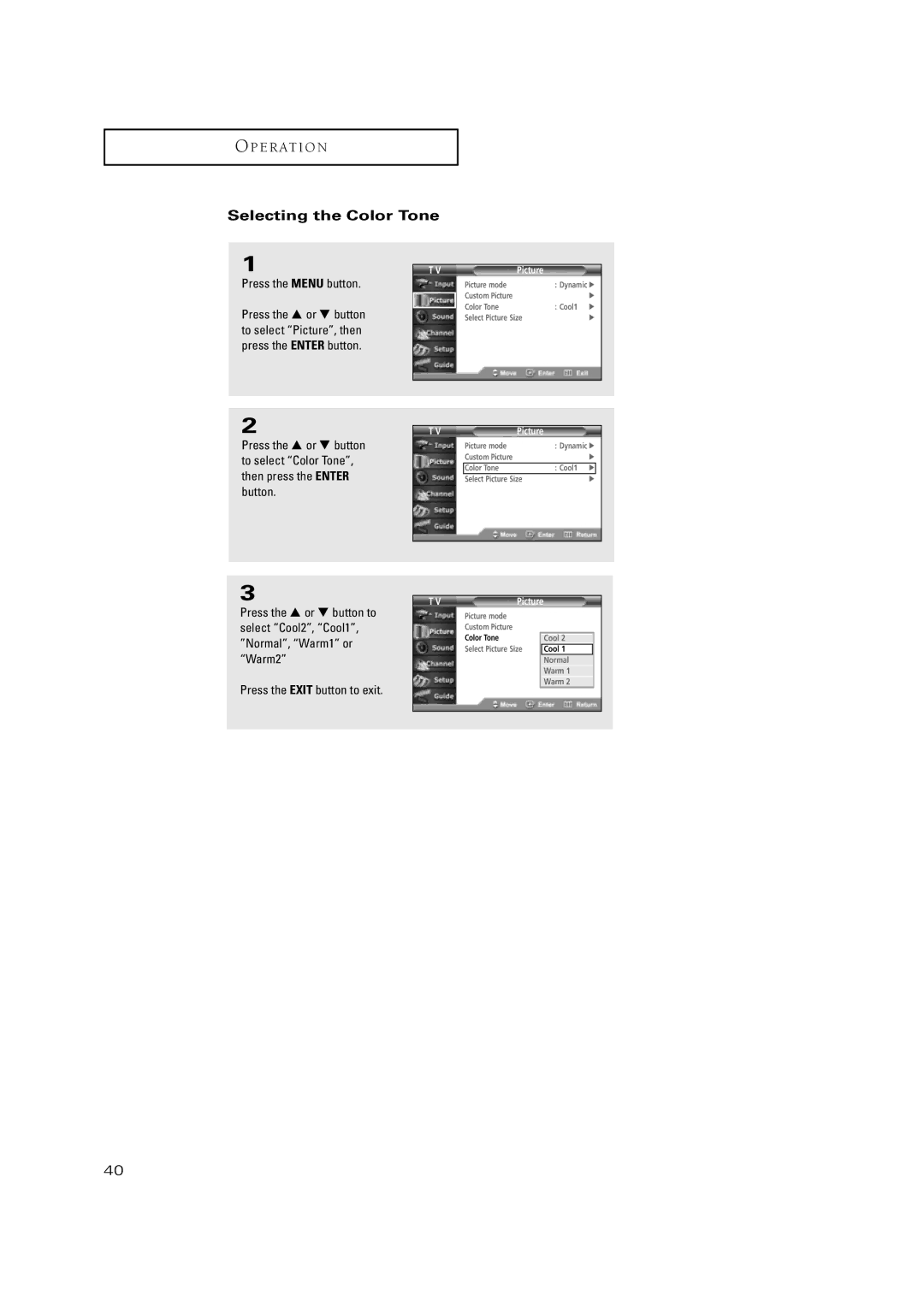 Samsung TSN3084WHD manual Selecting the Color Tone 