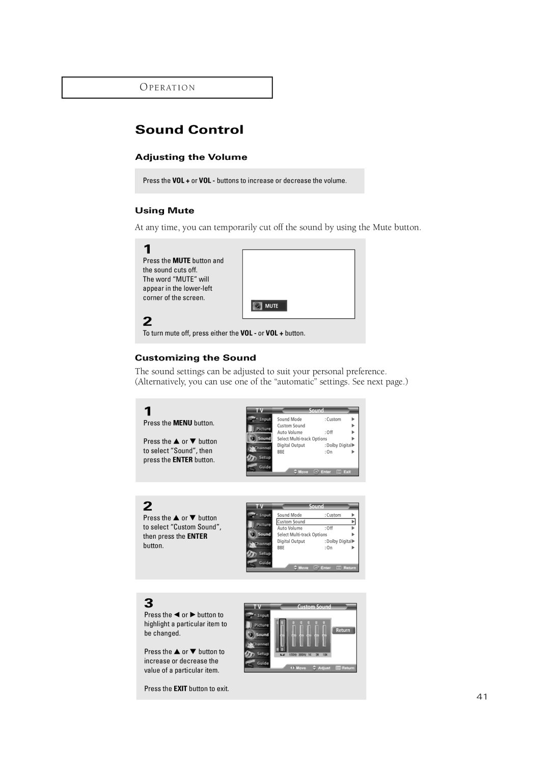 Samsung TSN3084WHD manual Sound Control, Adjusting the Volume, Using Mute, Customizing the Sound 