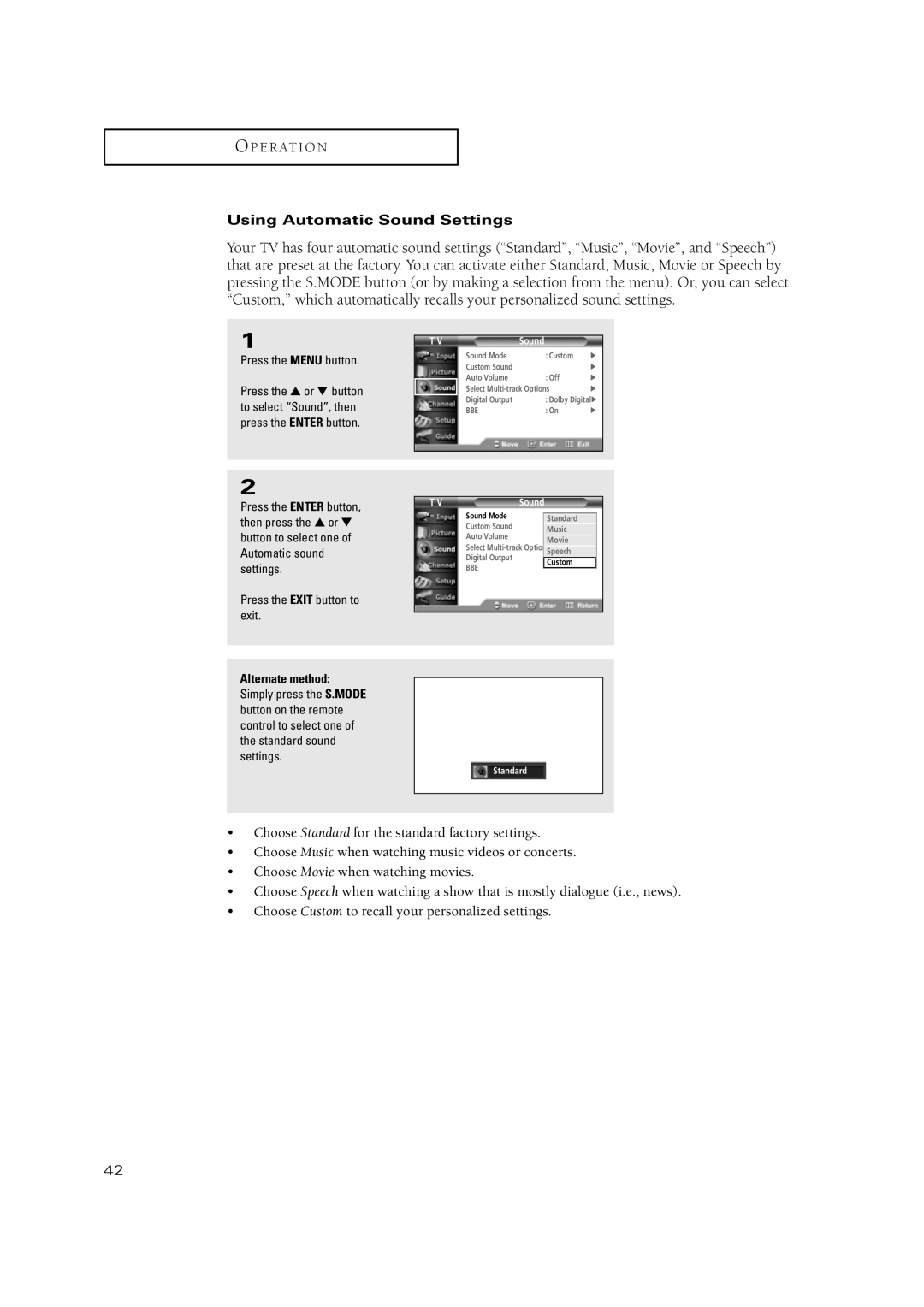 Samsung TSN3084WHD manual Using Automatic Sound Settings, Alternate method 