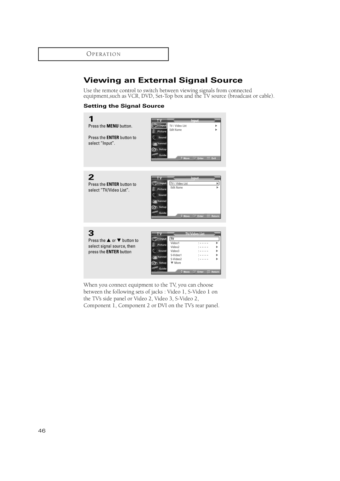 Samsung TSN3084WHD manual Viewing an External Signal Source, Setting the Signal Source 