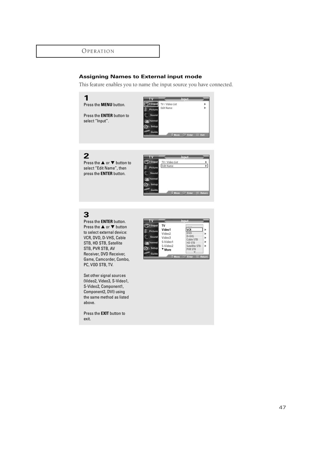 Samsung TSN3084WHD manual Assigning Names to External input mode 