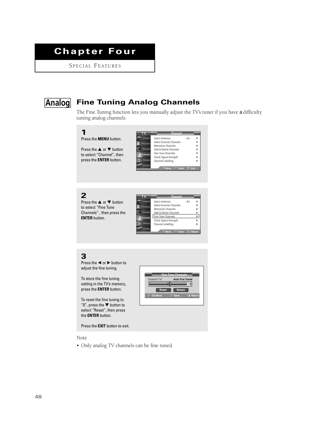 Samsung TSN3084WHD manual Fine Tuning Analog Channels, Press the œ or √ button to adjust the fine tuning 