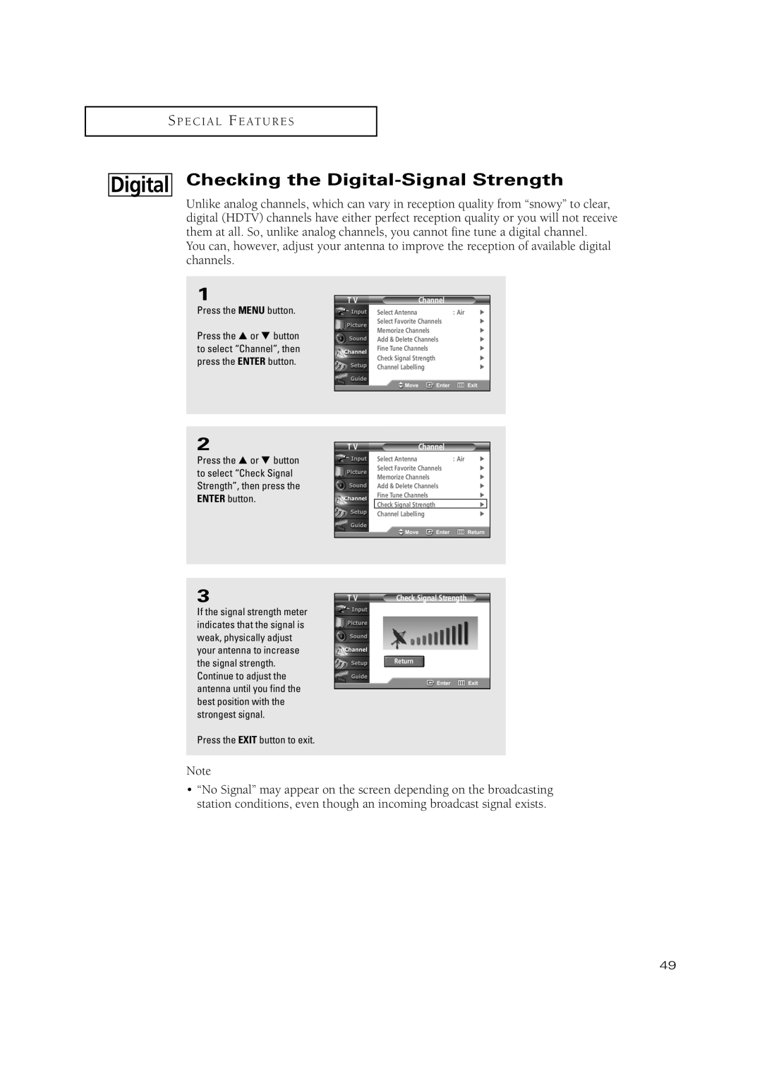 Samsung TSN3084WHD manual Checking the Digital-Signal Strength 