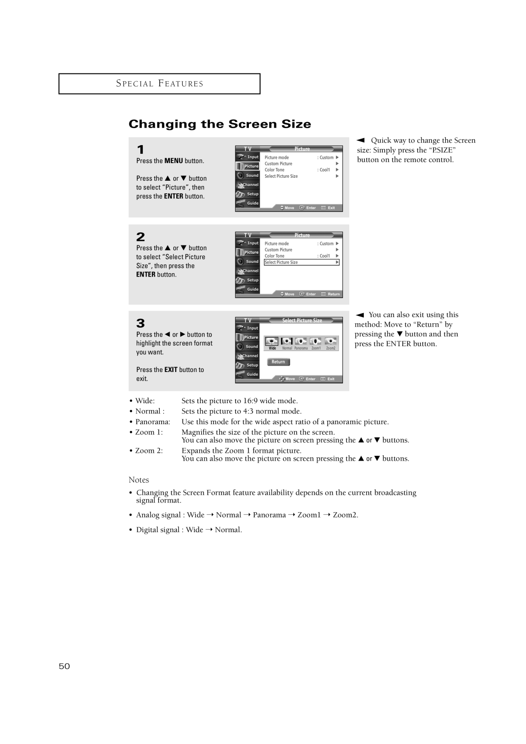 Samsung TSN3084WHD manual Changing the Screen Size 