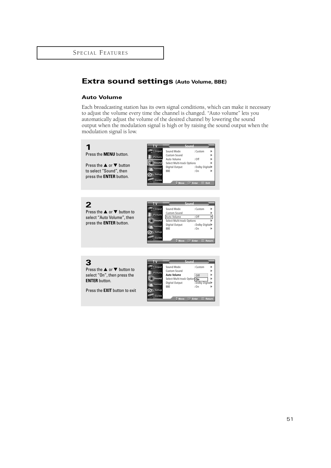 Samsung TSN3084WHD manual Extra sound settings Auto Volume, BBE 