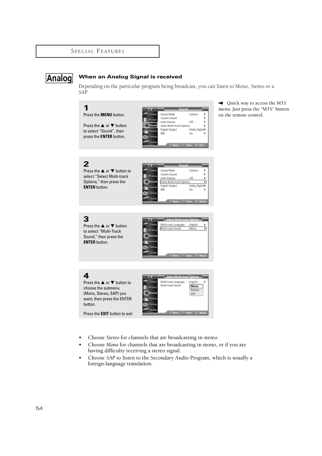 Samsung TSN3084WHD manual When an Analog Signal is received, Menu Just press the MTS button on the remote control 