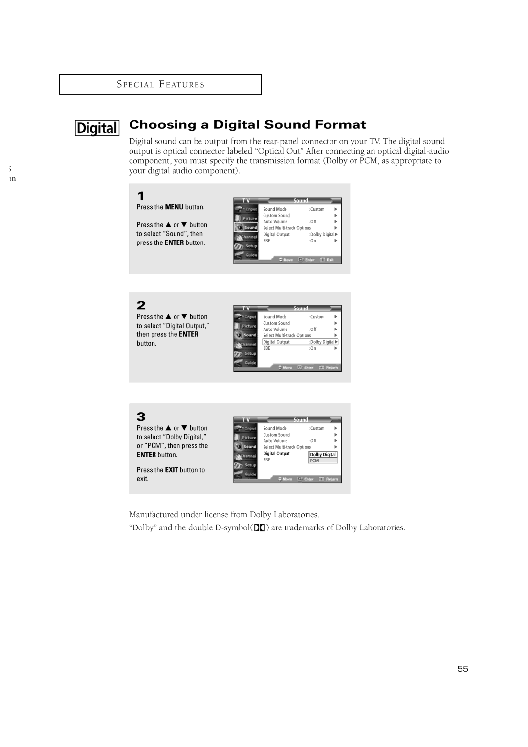 Samsung TSN3084WHD manual Digital Choosing a Digital Sound Format 