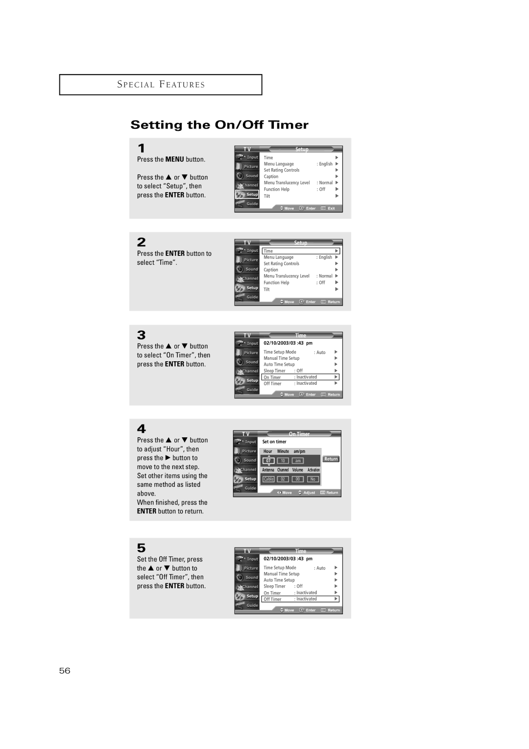 Samsung TSN3084WHD manual Setting the On/Off Timer, Press the Enter button to select Time 