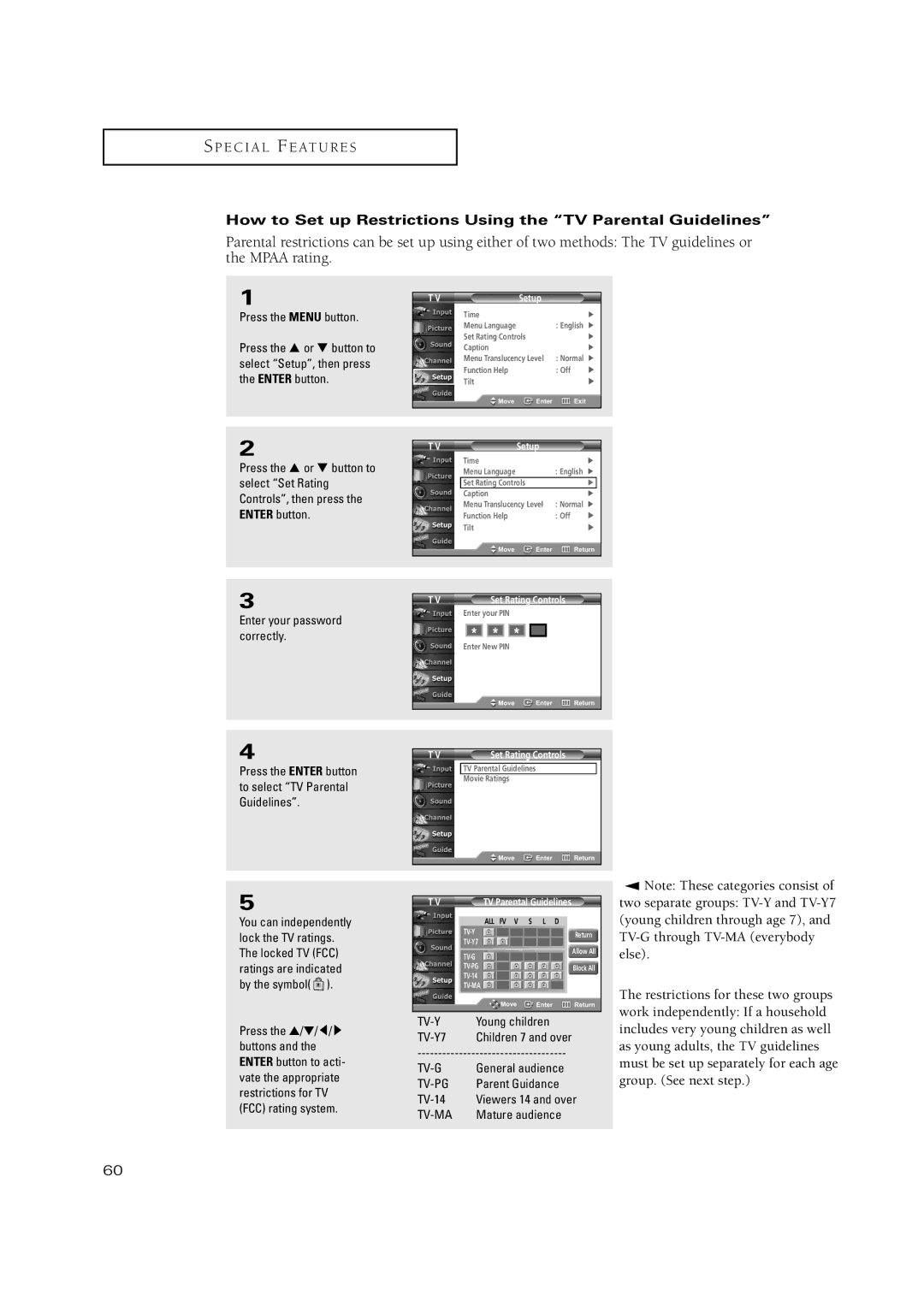 Samsung TSN3084WHD manual How to Set up Restrictions Using the TV Parental Guidelines 