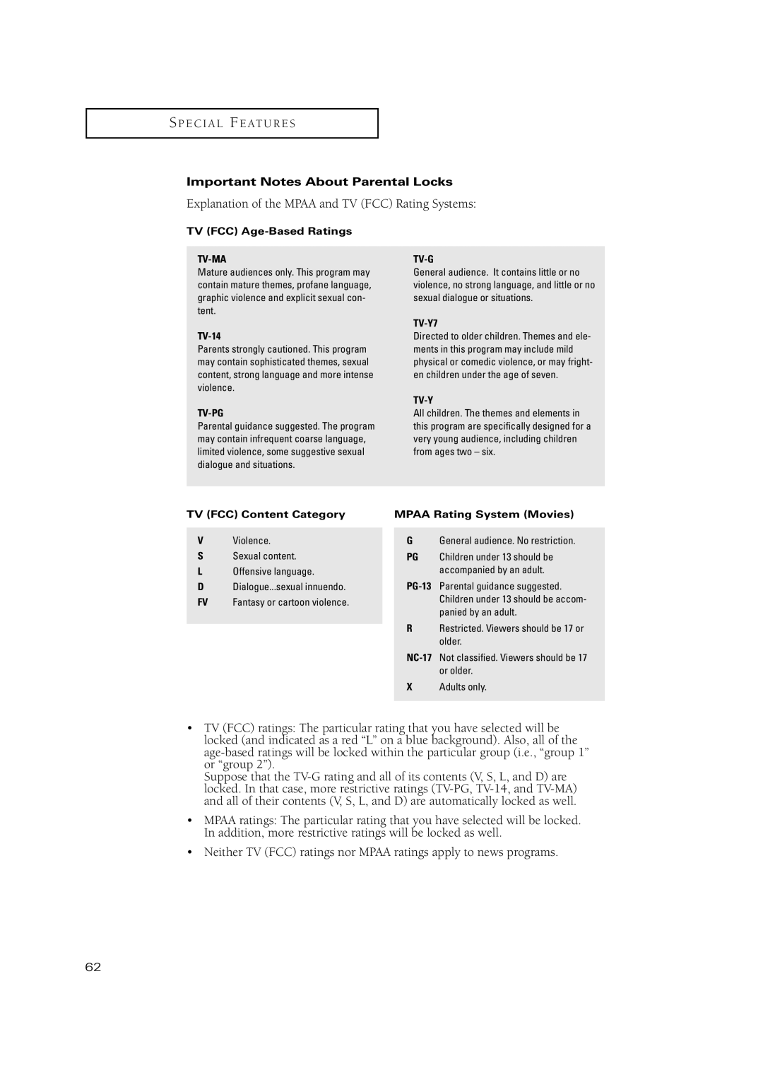 Samsung TSN3084WHD manual Explanation of the Mpaa and TV FCC Rating Systems, Important Notes About Parental Locks 