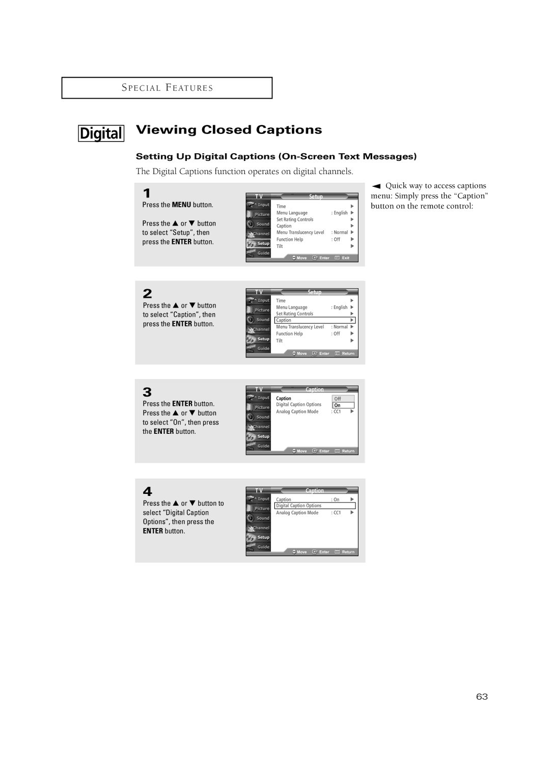 Samsung TSN3084WHD manual Viewing Closed Captions, Setting Up Digital Captions On-Screen Text Messages 