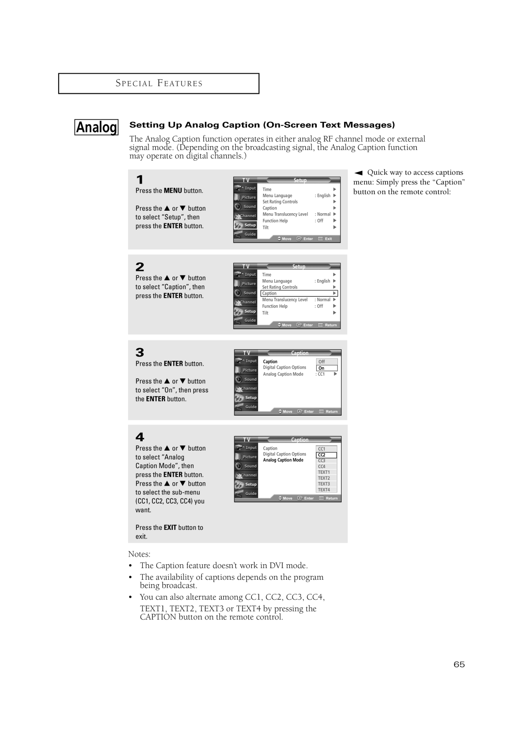 Samsung TSN3084WHD manual Setting Up Analog Caption On-Screen Text Messages, Press the Enter button 