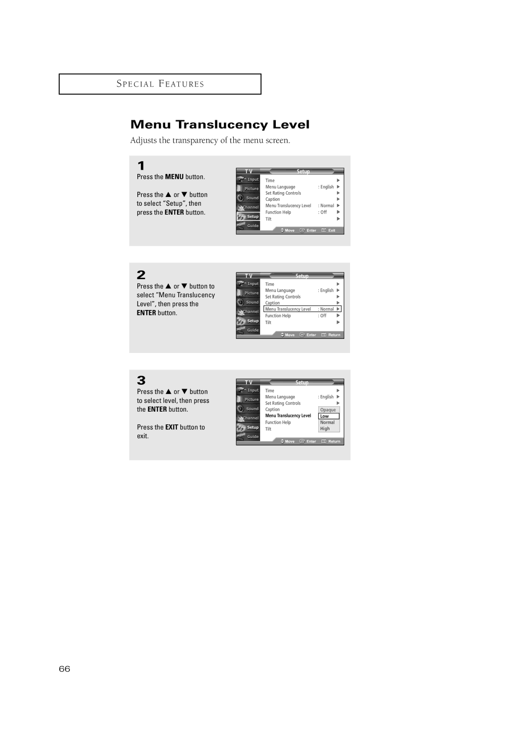 Samsung TSN3084WHD manual Menu Translucency Level, Adjusts the transparency of the menu screen 