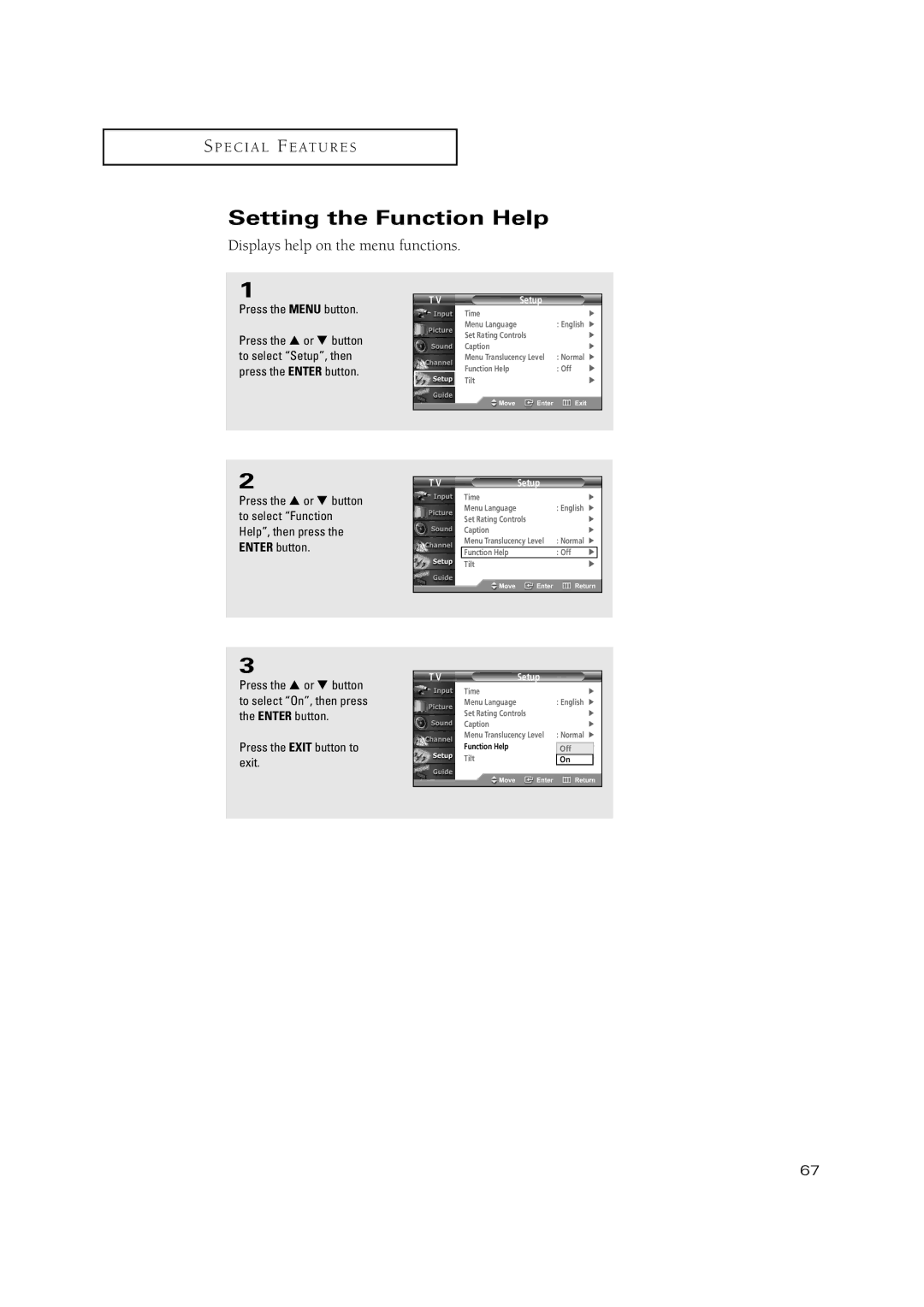 Samsung TSN3084WHD manual Setting the Function Help, Displays help on the menu functions 