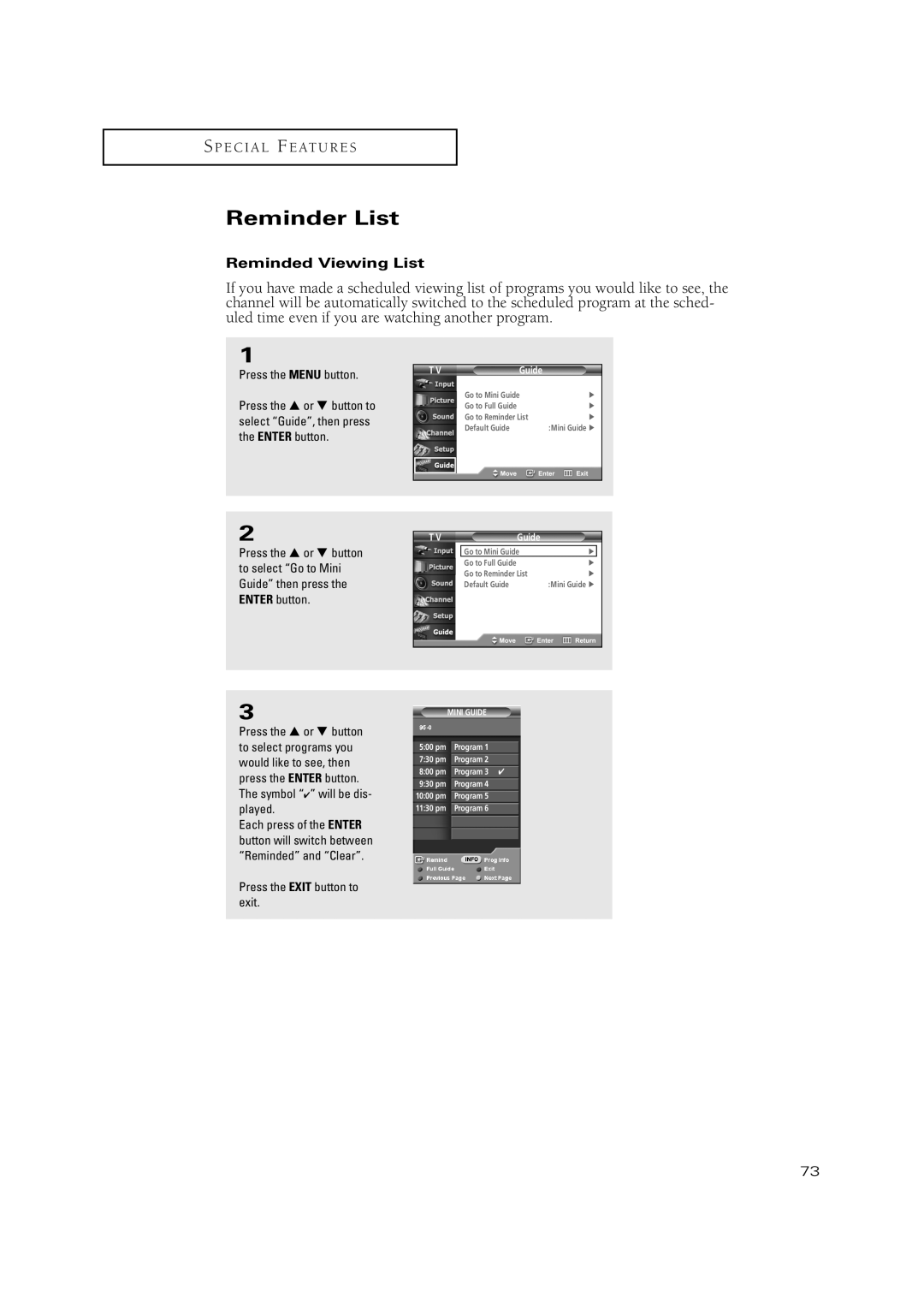 Samsung TSN3084WHD manual Reminder List, Reminded Viewing List 