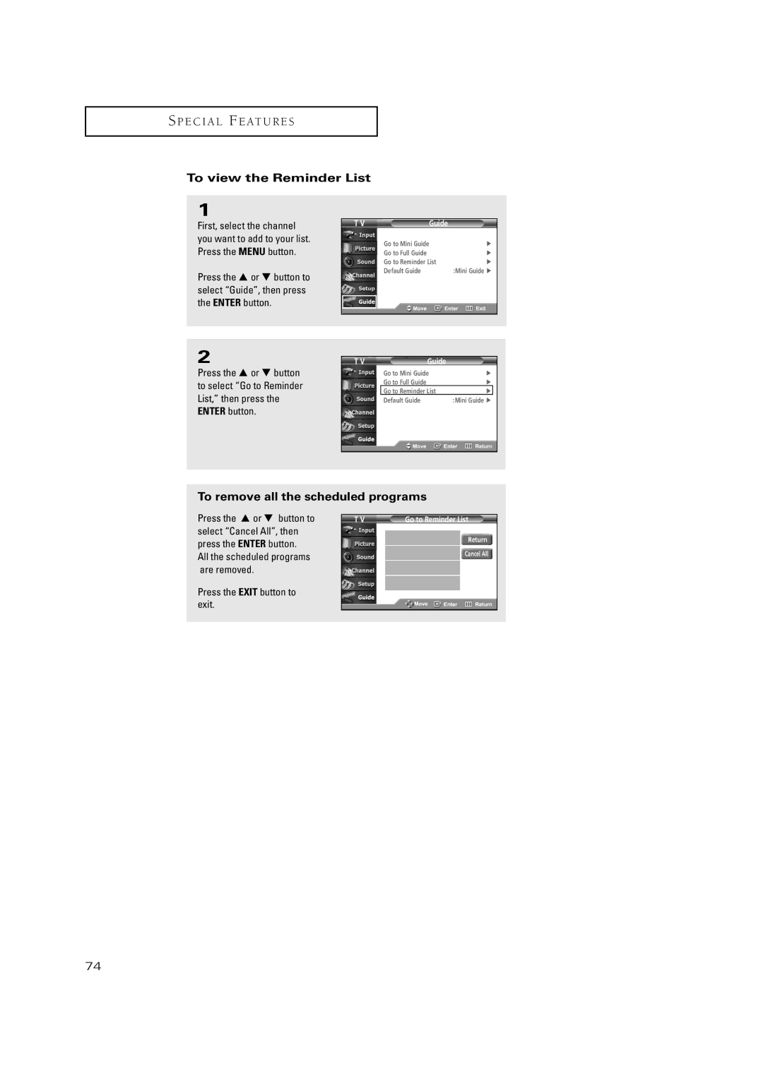 Samsung TSN3084WHD manual To view the Reminder List, To remove all the scheduled programs 