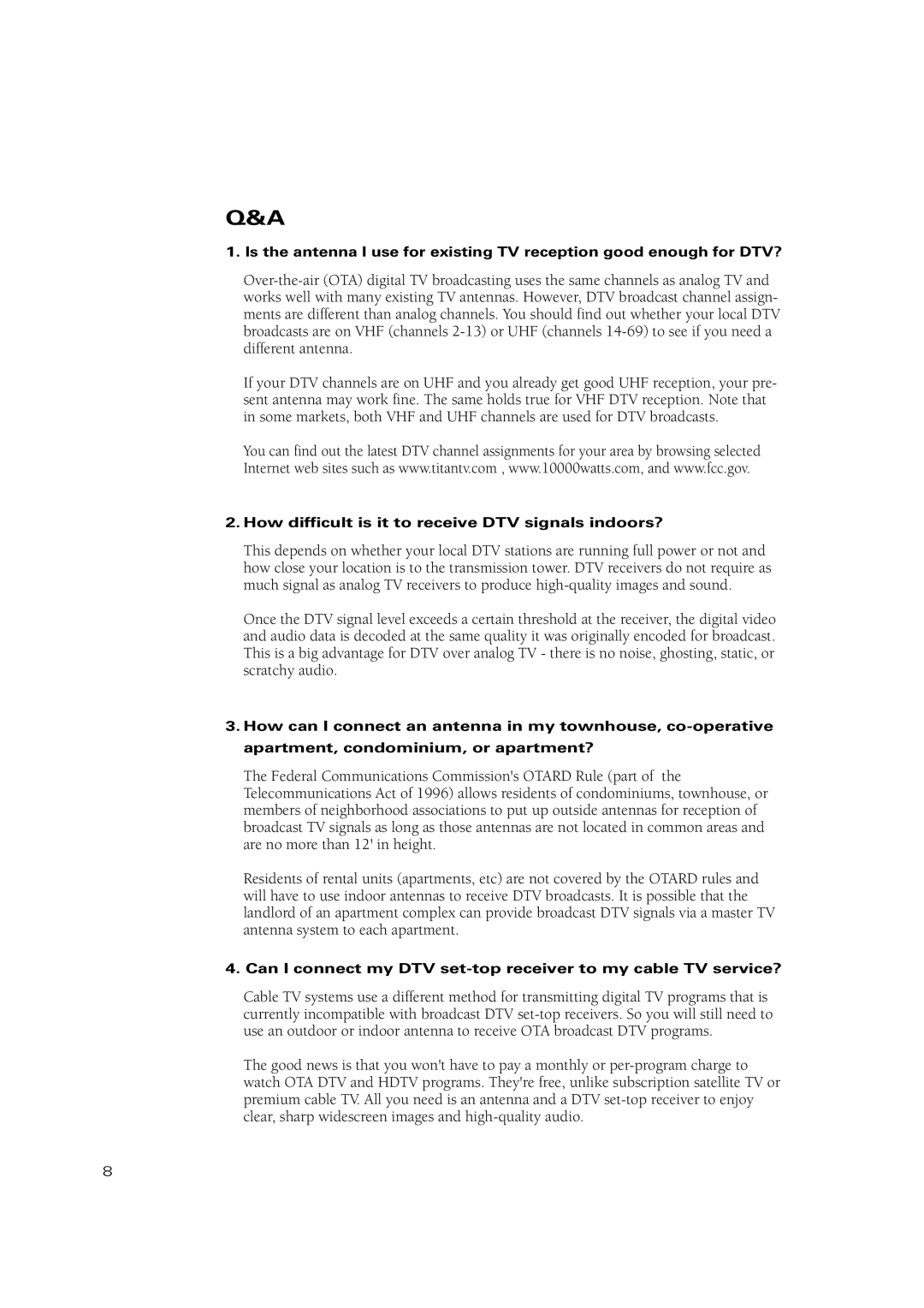 Samsung TSN3084WHD manual How difficult is it to receive DTV signals indoors? 