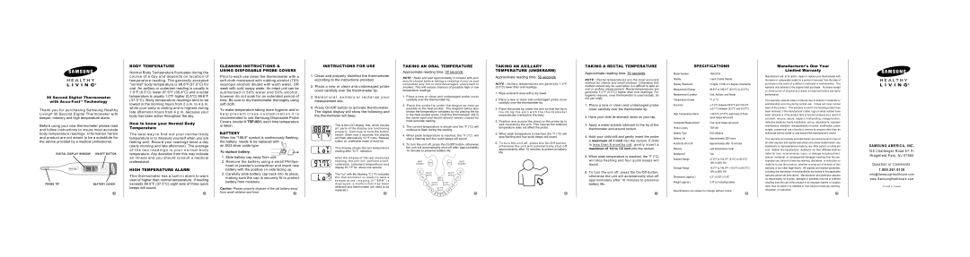 Samsung TSR-301S specifications Body Temperature, High Temperature Alarm, Battery, Instructions for USE, Specifications 