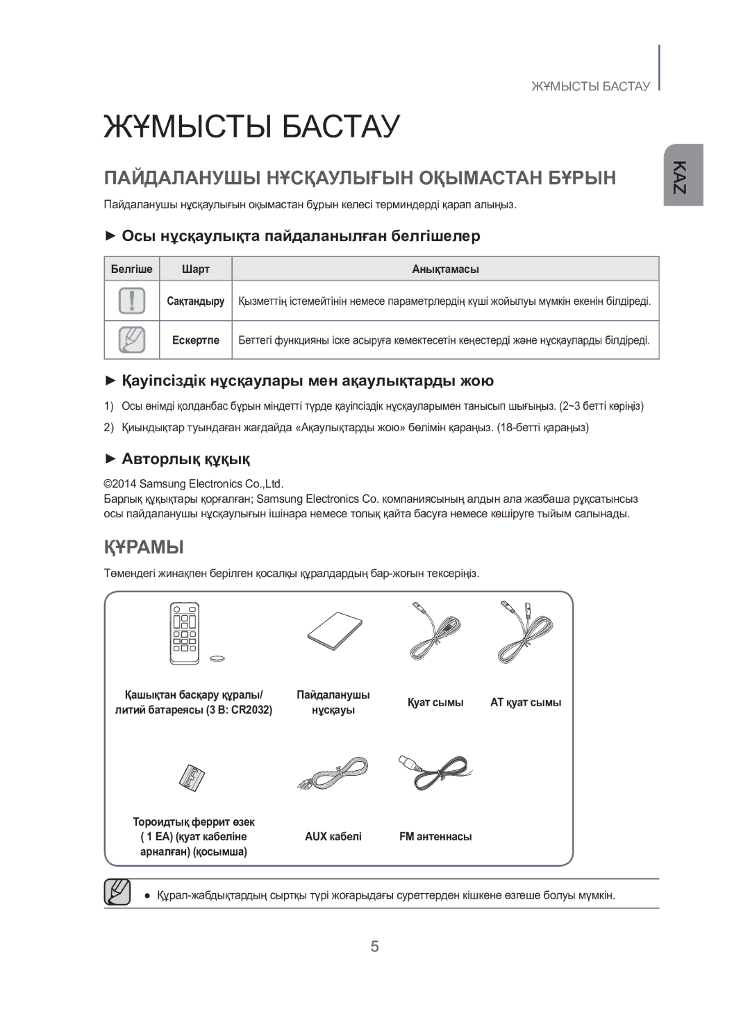 Samsung TW-H5500/RU manual Жұмысты Бастау, Пайдаланушы Нұсқаулығын Оқымастан Бұрын, Құрамы 