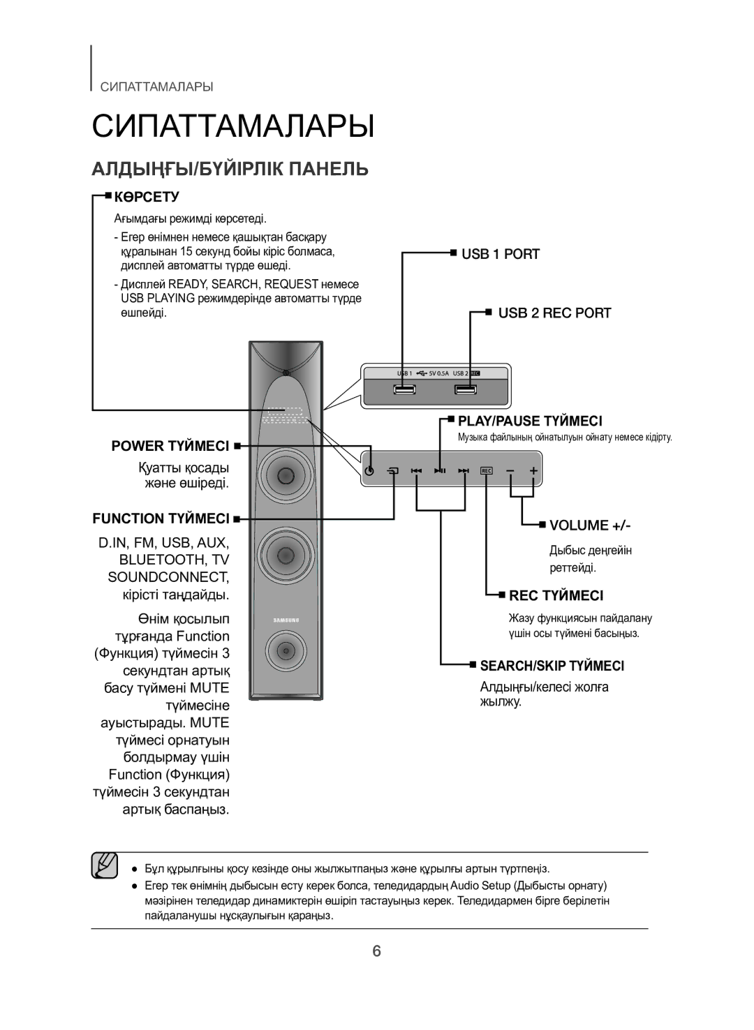 Samsung TW-H5500/RU manual Сипаттамалары, АЛДЫҢҒЫ/БҮЙІРЛІК Панель, Ағымдағы режимді көрсетеді, Қуатты қосады және өшіреді 