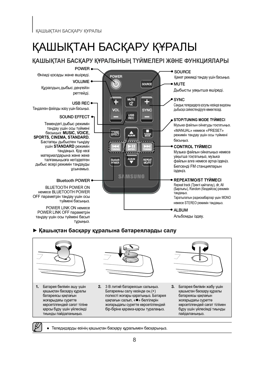 Samsung TW-H5500/RU manual Қашықтан Басқару Құралы, ++Қашықтан басқару құралына батареяларды салу, Басыңыз MUSIC, Voice 