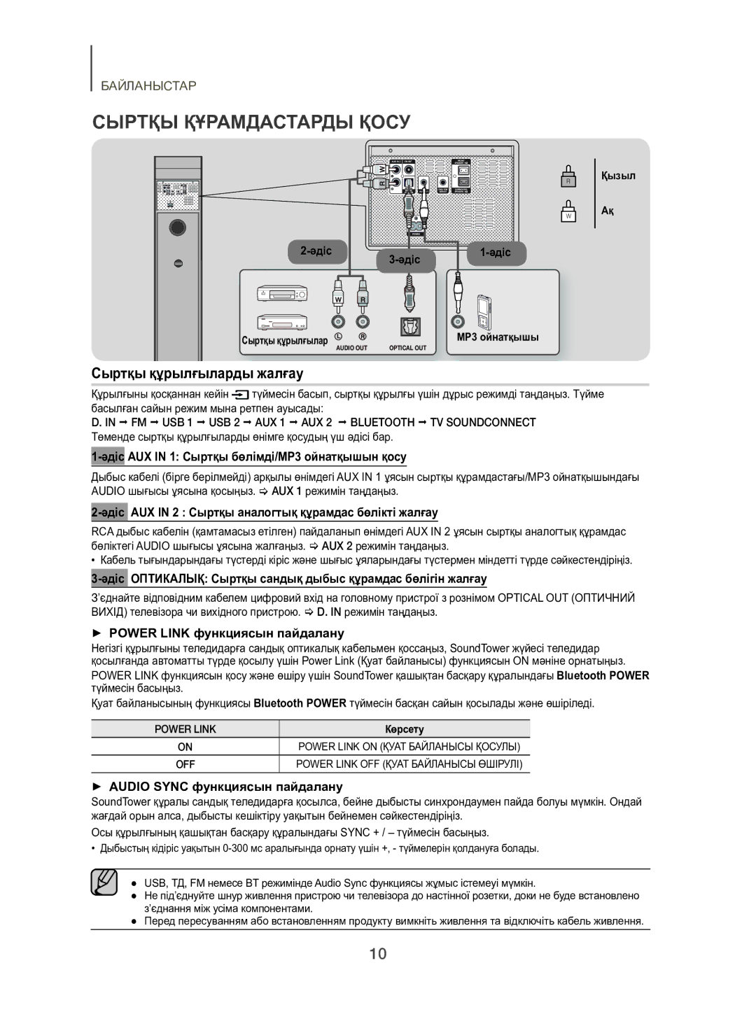 Samsung TW-H5500/RU manual Сыртқы Құрамдастарды Қосу, Сыртқы құрылғыларды жалғау 