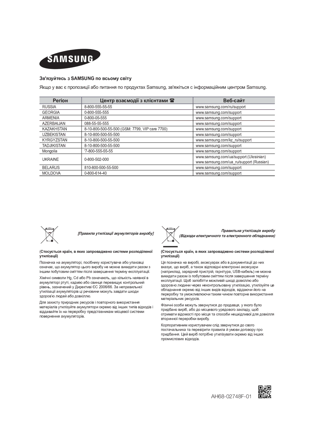 Samsung TW-H5500/RU AH68-02748F-01, Звязуйтесь з Samsung по всьому світу, Регіон Центр взаємодії з клієнтами  Веб-сайт 