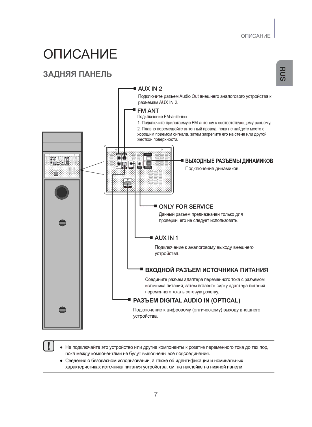 Samsung TW-H5500/RU manual Задняя Панель, Подключение динамиков, Подключение к аналоговому выходу внешнего устройства 